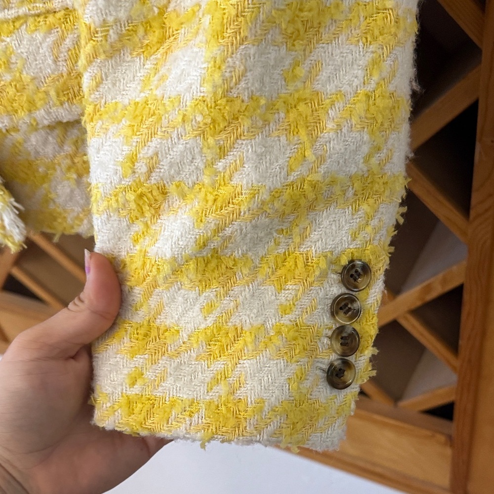 Ann Taylor Sunny Yellow Checkered Blazer Tweed Frayed - Picture 3 of 6